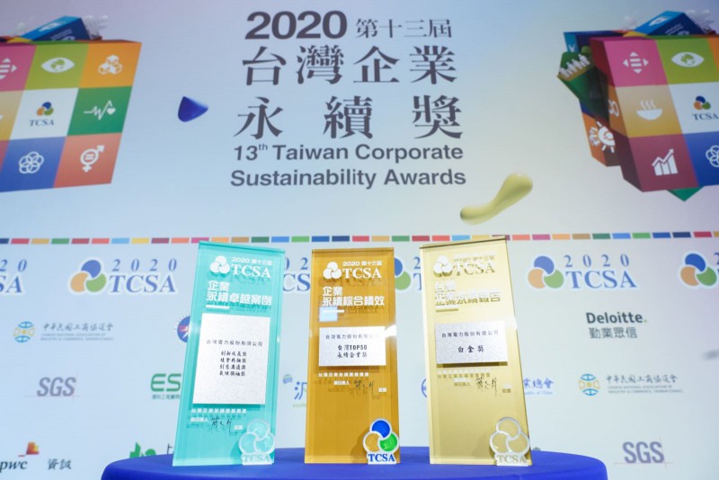台電三度獲得台灣企業永續報告白金獎殊榮，同時也獲得台灣TOP50永續企業獎、社會共融獎、創意溝通獎、創新成長獎及氣候領袖獎等另5項殊榮，刷新紀錄